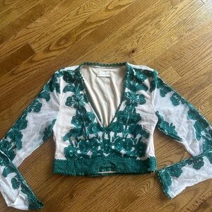 Altar'd State Teal Embroidered Sheer Blouse